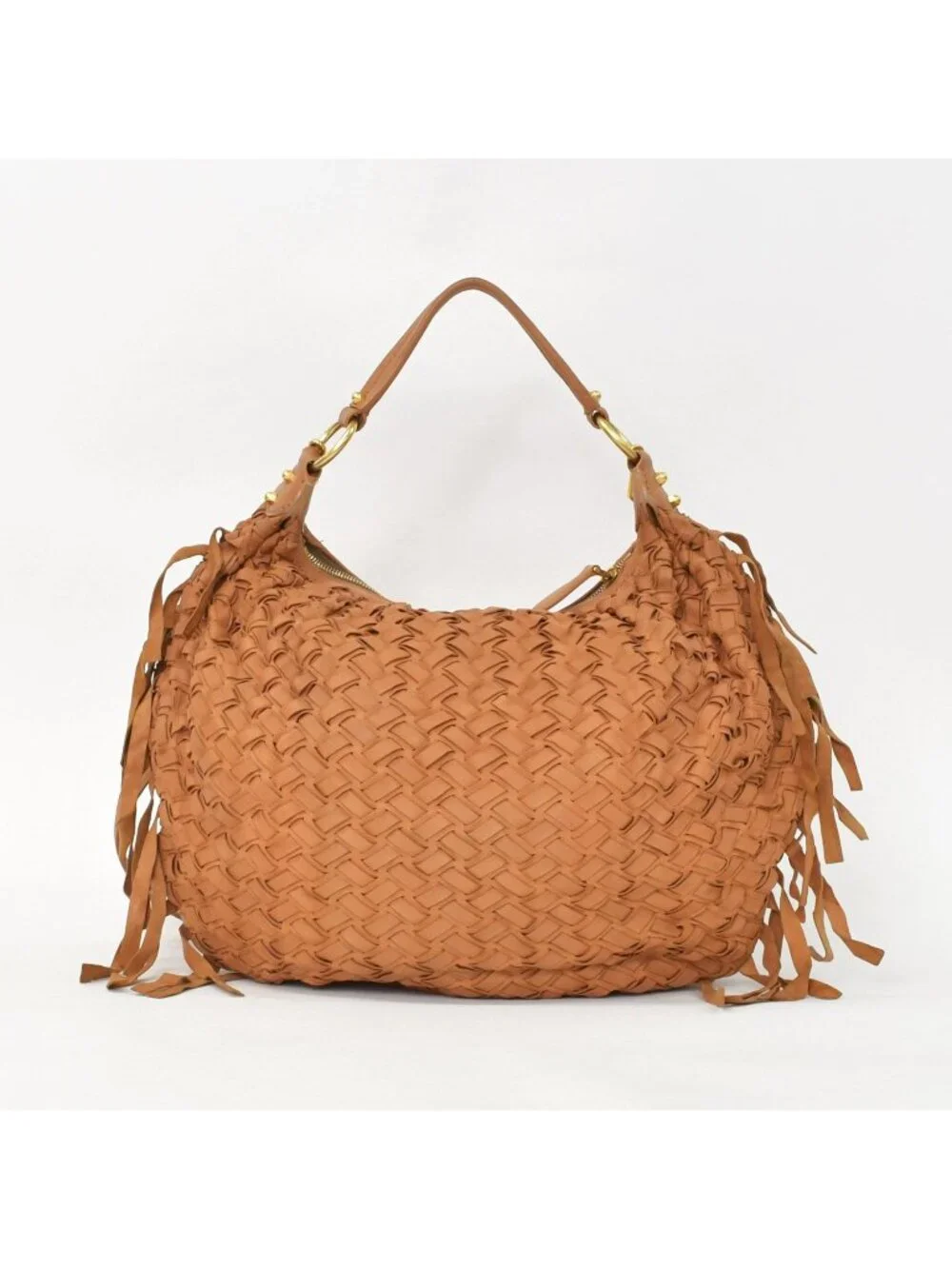 Miu Miu Intrecciato 2-Way Leather Shoulder Fringe Hobo Brown Lambskin Gold